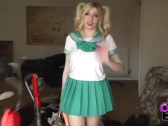 TargetVids presents: Costume babe in a miniskirt fucks a toy outdoors