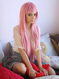 TargetVids presents: Teen sweetheart with a long pink hair gets nude and flashes her gorgeous breasts and pussy