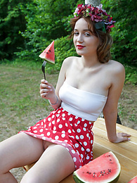 TargetVids presents: Nice belarusian stunner Rokki removes all clothes on a blanket in a backyard